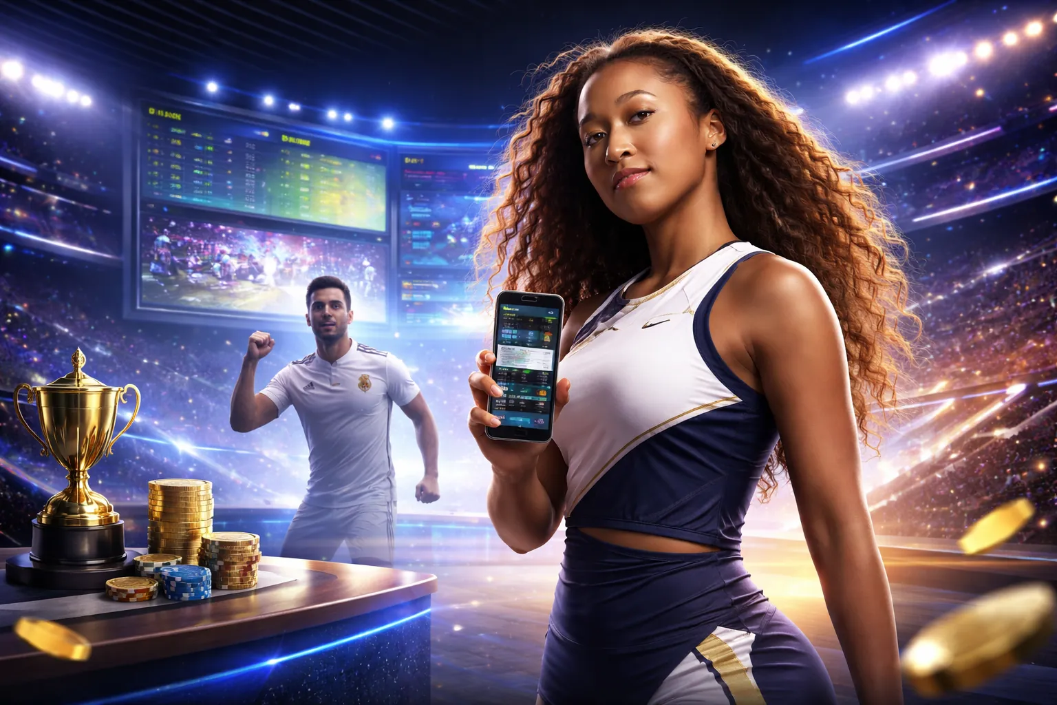 Sân vận động với trận đấu bóng đá đang diễn ra, ánh sáng rực rỡ và logo f8bet casino